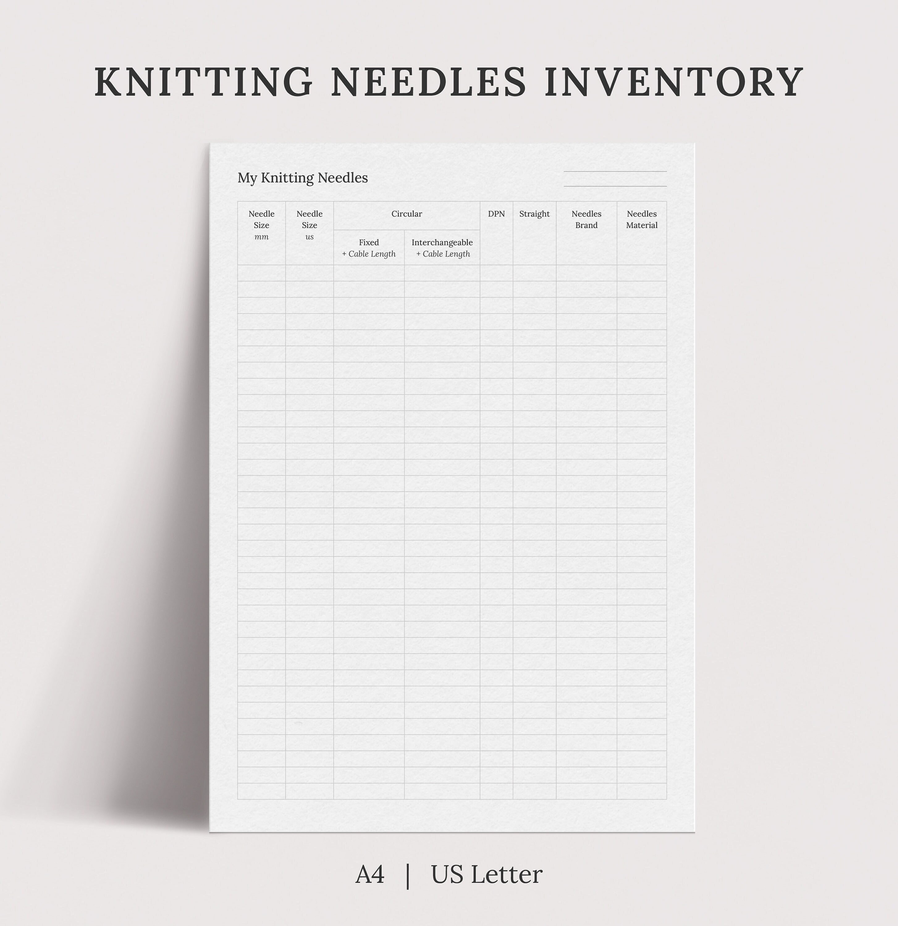 Printable and Fillable Knitting Needles Conversion Chart and PDF