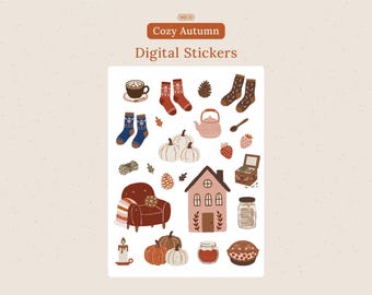 May include: A collection of "Cozy Autumn Digital Stickers" featuring illustrations of fall-themed items. Includes pumpkins, socks, a house, a teapot, a chair, and a pie. The color palette is warm, with shades of brown, orange, and cream.