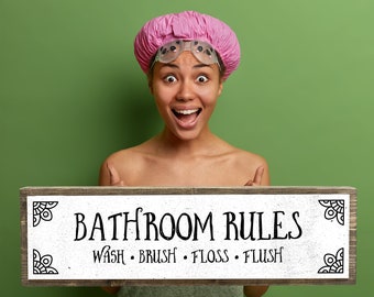 Farmhouse Bathroom Rules Sign: Rustic Wood & Metal Restroom Decor