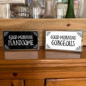 Good Morning Handsome, Good Morning Gorgeous - Two Handmade Rustic Couple Metal Wood Signs Cute Rustic Wall Decor Art Couple Bathroom Signs