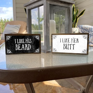 I like His Beard, I Like Her Butt - Two Handmade Rustic Couple Metal Wood Signs Cute Rustic Wall Decor Art Couple Bathroom Signs