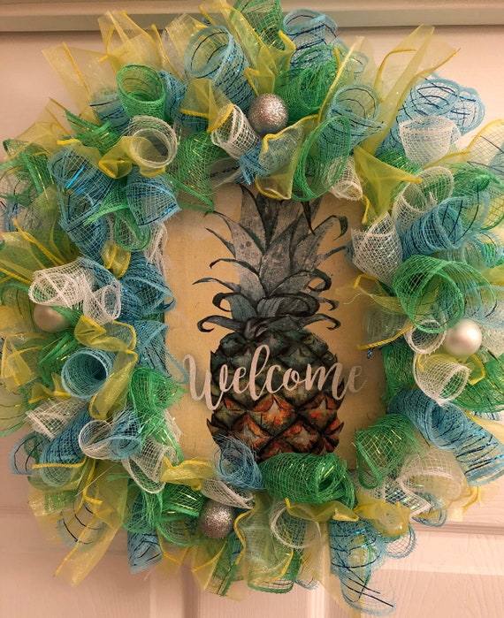 Welcome Front Door Wreath Pineapple Wreathpineapple Front Etsy