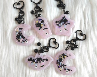 Pink Pastel Goth RIP Coffin, Star, Bat, Moon Crescent Resin Shaker Phone Charm