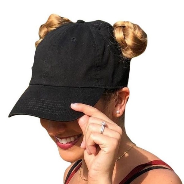 BUNZ OUT Black Baseball Cap - Space Buns - Pigtails - Female Cap - Pony Cap - Dad Cap - High Ponytail