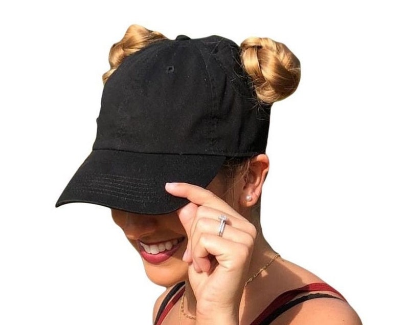 BUNZ OUT Black Baseball Cap Space Buns Pigtails Female Cap Pony Cap Dad