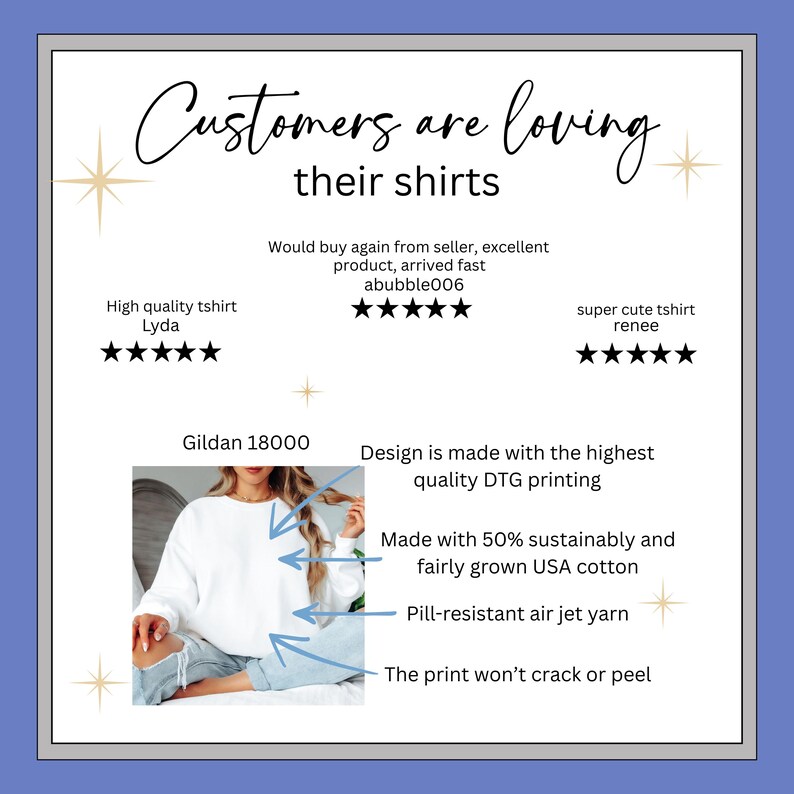 May include: White Gildan 18000 sweatshirt with text that reads "Customers are loving their shirts." The design is made with high-quality DTG printing and is made with sustainably grown USA cotton. The print won't crack or peel.