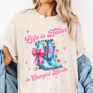 Cowgirl boots shirt, cowgirl shirt coquette bow, country western graphic tee women, gift for her, cowgirl floral boot tshirt, comfort colors