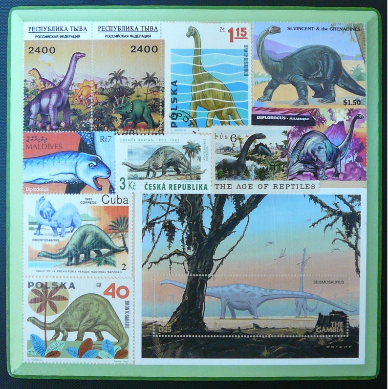 Long-Neck Dinosaurs postage stamp collage | Etsy