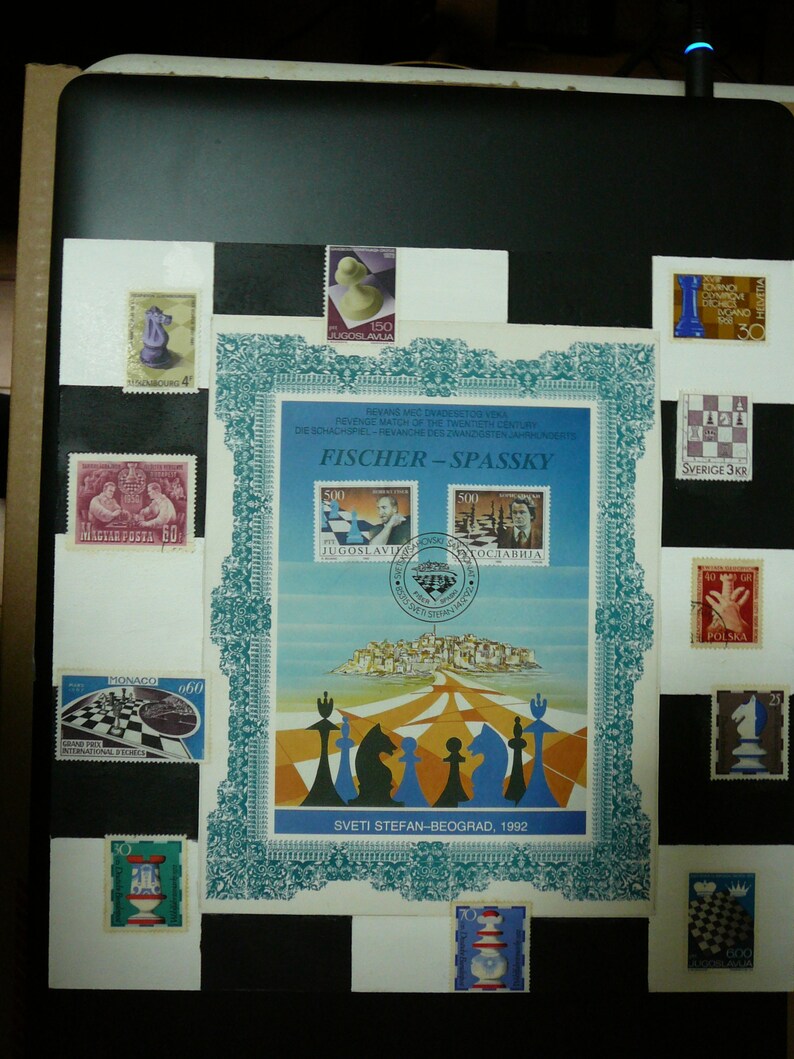 Chess tournaments Fischer-Spassky postage stamps collage Chess tournaments Fischer-Spassky postage stamps collage
