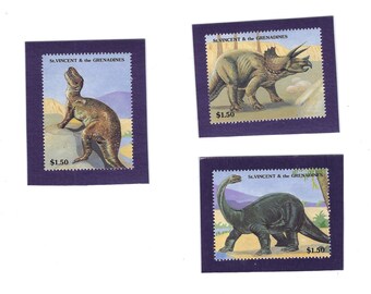Set of Three Dinosaurs Frig Magnets - Postage Stamps from St. Vincent & the Grenadines