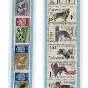 May include: Two strips of vintage postage stamps. The left strip features stamps with images of dogs and text in Italian. The right strip showcases stamps with dog breeds and text in Czech, including the year 1965.