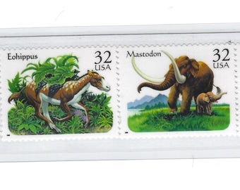 Extinct American Mammals postage stamps Bookmark - Mammoth, Mastodon, Eohippus, and Saber-tooth Cat