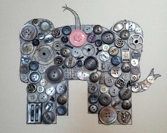 Elephant BUTTon Art - Unique piece a la Aunt Gayle - Includes natural MOP and abalone buttons