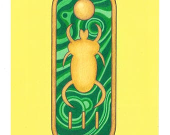 Malachite-Mounted Scarab Cartouche - Colored Pencil Drawing, ready to frame