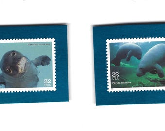 Pair of Endangered Sea Mammal postage stamp Frig Magnets - Manatee and Seal!