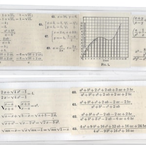 May include: Two rectangular cards with mathematical equations and graphs. One card features a graph with a curved line and the text "Fig. 1". The other card shows two intersecting lines on a grid and the text "Fig. 6".