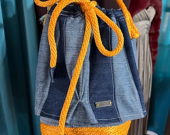 Cord and upcycled denim skirted bucket bag