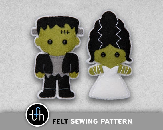 Pattern - Frankenstein and Bride of Frankenstein Halloween Ornaments - PDF Digital Sewing Tutorial Download