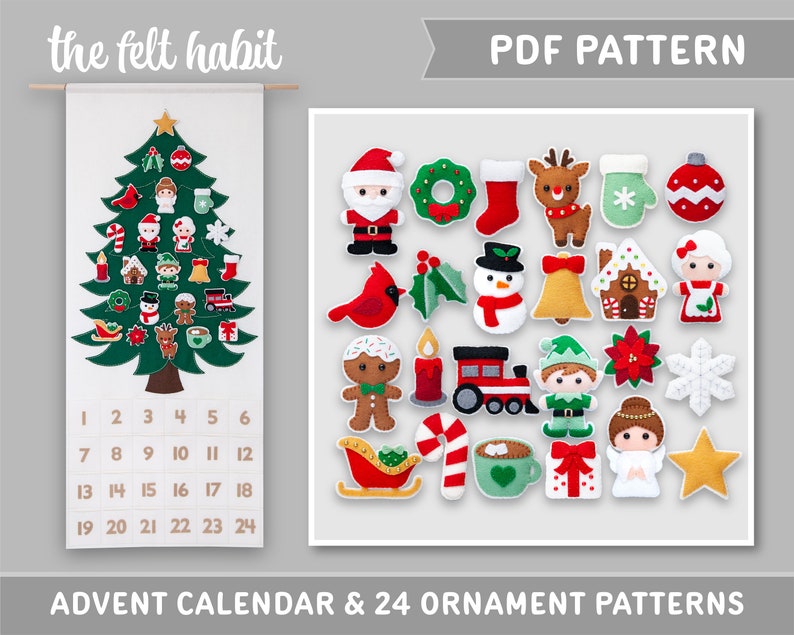 Pattern: Felt Christmas Advent Calendar and 24 Ornaments PDF Sewing Tutorial Download with SVG files 画像 3