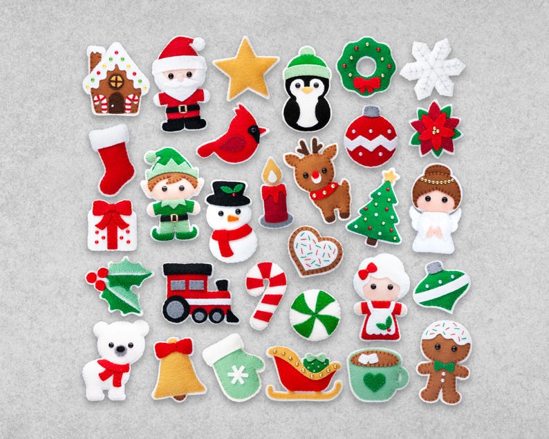 May include: A set of 25 felt Christmas ornaments featuring various holiday themes, including a gingerbread house, Santa Claus, a penguin, a snowman, a reindeer, a Christmas tree, a candy cane, a bell, a stocking, a star, a wreath, a snowflake, a poinsettia, a present, a gingerbread man, a polar bear, a hot chocolate mug, a peppermint candy, a sleigh, a candle, a holly sprig, and a Christmas ornament.