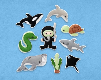 Pattern: Scuba Diver and Sea Creatures - Whale, Shark, Dolphin, Orca, Turtle, Moray Eel, Manta Ray, Seaweed - PDF Sewing Tutorial