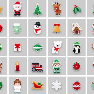 May include: A set of 25 felt Christmas ornaments featuring various holiday themes, including a snowman, Santa Claus, a reindeer, a gingerbread house, a Christmas tree, a stocking, a candy cane, a bell, a star, a present, a penguin, a snowflake, a wreath, an angel, a candle, a train, a heart, a mitten, a cardinal, a polar bear, a holly sprig, a gingerbread man, and an ornament.