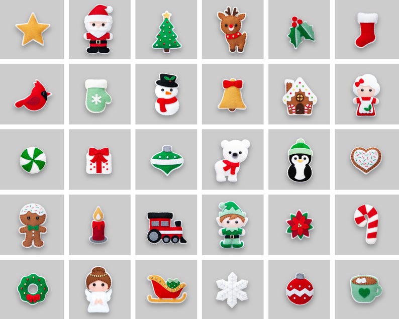 May include: A set of 25 felt Christmas ornaments featuring various holiday themes, including a snowman, Santa Claus, a reindeer, a gingerbread house, a Christmas tree, a stocking, a candy cane, a bell, a star, a present, a penguin, a snowflake, a wreath, an angel, a candle, a train, a heart, a mitten, a cardinal, a polar bear, a holly sprig, a gingerbread man, and an ornament.