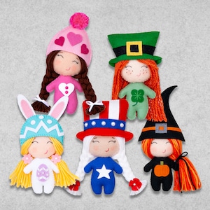 Felt Doll Patterns for Valentines Day, St Patricks Day, Easter, 4th of July, & Halloween - PDF Digital Sewing Tutorial Pattern Download