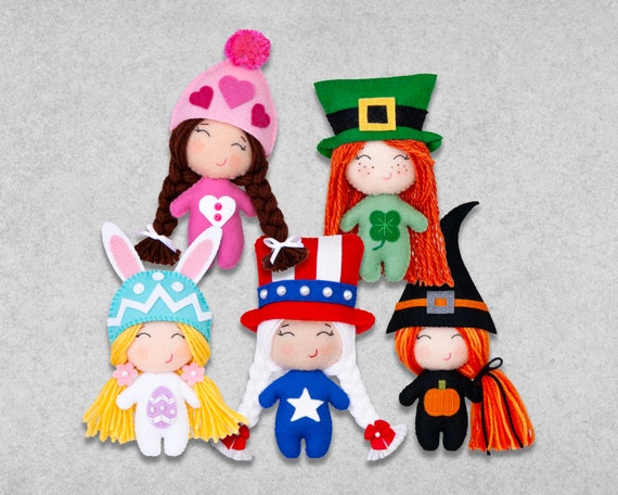 Felt Doll Patterns for Valentines Day, St Patricks Day, Easter, 4th of July, & Halloween - PDF Digital Sewing Tutorial Pattern Download