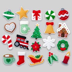 May include: A set of 20 felt Christmas ornaments in various shapes and colors, including a star, a candy cane, a bell, a gingerbread house, a snowflake, a wreath, a stocking, a sled, a poinsettia, a Christmas tree, a present, a candy cane, a heart, a mitten, a hot chocolate mug, a candle, a holly sprig, and two ornaments.
