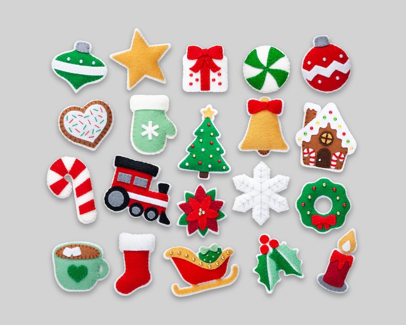 May include: A set of 20 felt Christmas ornaments in various shapes and colors, including a star, a candy cane, a bell, a gingerbread house, a snowflake, a wreath, a stocking, a sled, a poinsettia, a Christmas tree, a present, a candy cane, a heart, a mitten, a hot chocolate mug, a candle, a holly sprig, and two ornaments.
