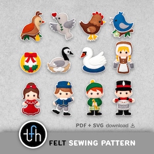 Op de afbeelding: Een verzameling vilt naaipatronen met verschillende personages en dieren. Inclusief een patrijs, duif, kip, blauwe vogel, krans, gans, zwaan, meisje, jongen, Schot en drummer. De tekst "FELT SEWING PATTERN" wordt weergegeven.