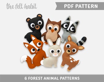 Pattern - Felt Forest Animals - Bear, Deer, Bunny, Owl, Fox, Raccoon - PDF Digital Sewing Tutorial Download