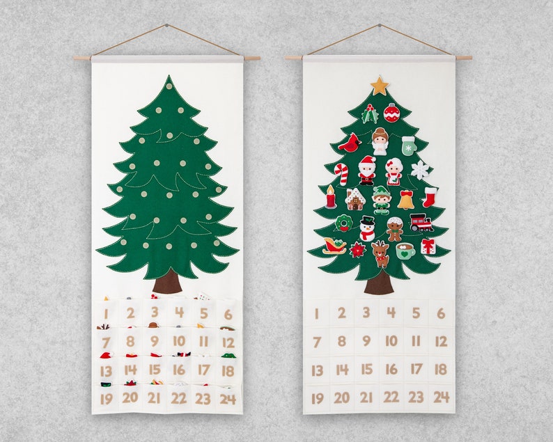 May include: A felt Christmas tree advent calendar with 24 numbered pockets and a green felt tree with white felt ornaments. The tree is decorated with felt ornaments, including a star, a snowman, a reindeer, a gingerbread house, and a stocking.
