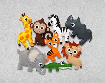 Pattern - Felt Zoo Animals - Lion, Elephant, Giraffe, Zebra, Monkey, Tiger, Alligator, Rhino - PDF Digital Sewing Tutorial Download and SVGs