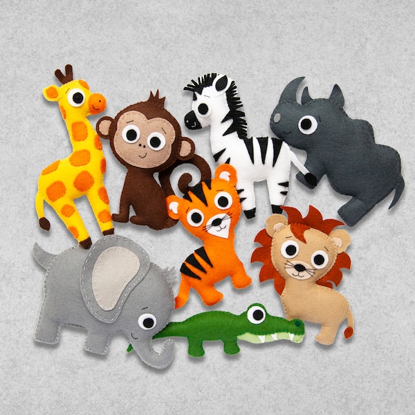 Modèle - Animaux du zoo en feutre - Lion, Éléphant, Girafe, Zèbre, Singe, Tigre, Alligator, Rhino - Tutoriel de couture numérique PDF à télécharger et SVG