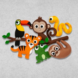 Pattern - Rainforest Jungle Animal Set with Monkey, Tiger, Snake, Frog, Toucan, and Sloth - PDF Digital Sewing Tutorial Download