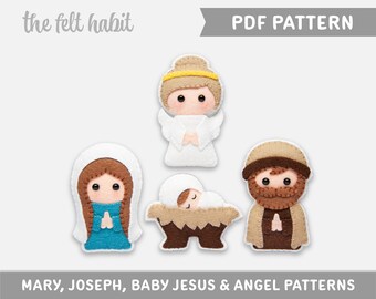 Felt Nativity Pattern - Baby Jesus, Virgin Mary, Joseph, Angel - Christmas Ornaments - PDF Digital Sewing Tutorial Download