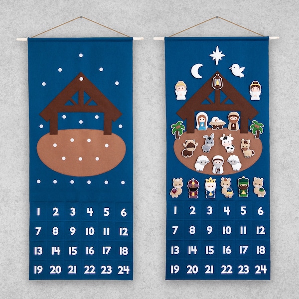 Patrón: Calendario de Adviento navideño de Natividad en fieltro con 24 adornos - Descarga del tutorial de costura en PDF - incluye archivos SVG