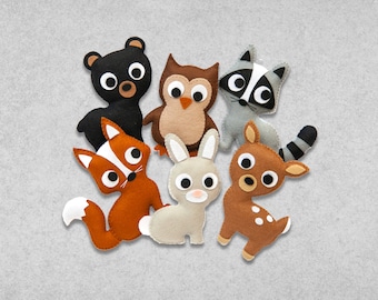 Modello per cucire animali del bosco in feltro: orso, cervo, coniglio, gufo, volpe, procione (download digitale)