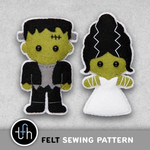 May include: Two felt Halloween figures: Frankenstein's monster and the Bride of Frankenstein. The Frankenstein figure is green with black hair and a black suit. The bride is green with black hair and a white dress. The text "FELT SEWING PATTERN" is at the bottom.