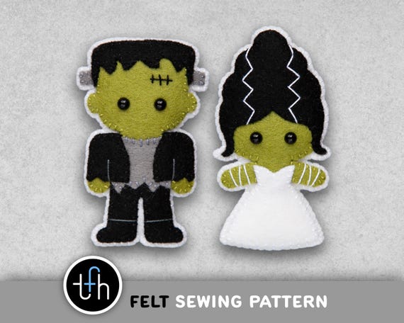 Pattern - Felt Frankenstein and Bride of Frankenstein Halloween Ornaments - PDF Digital Sewing Tutorial Download