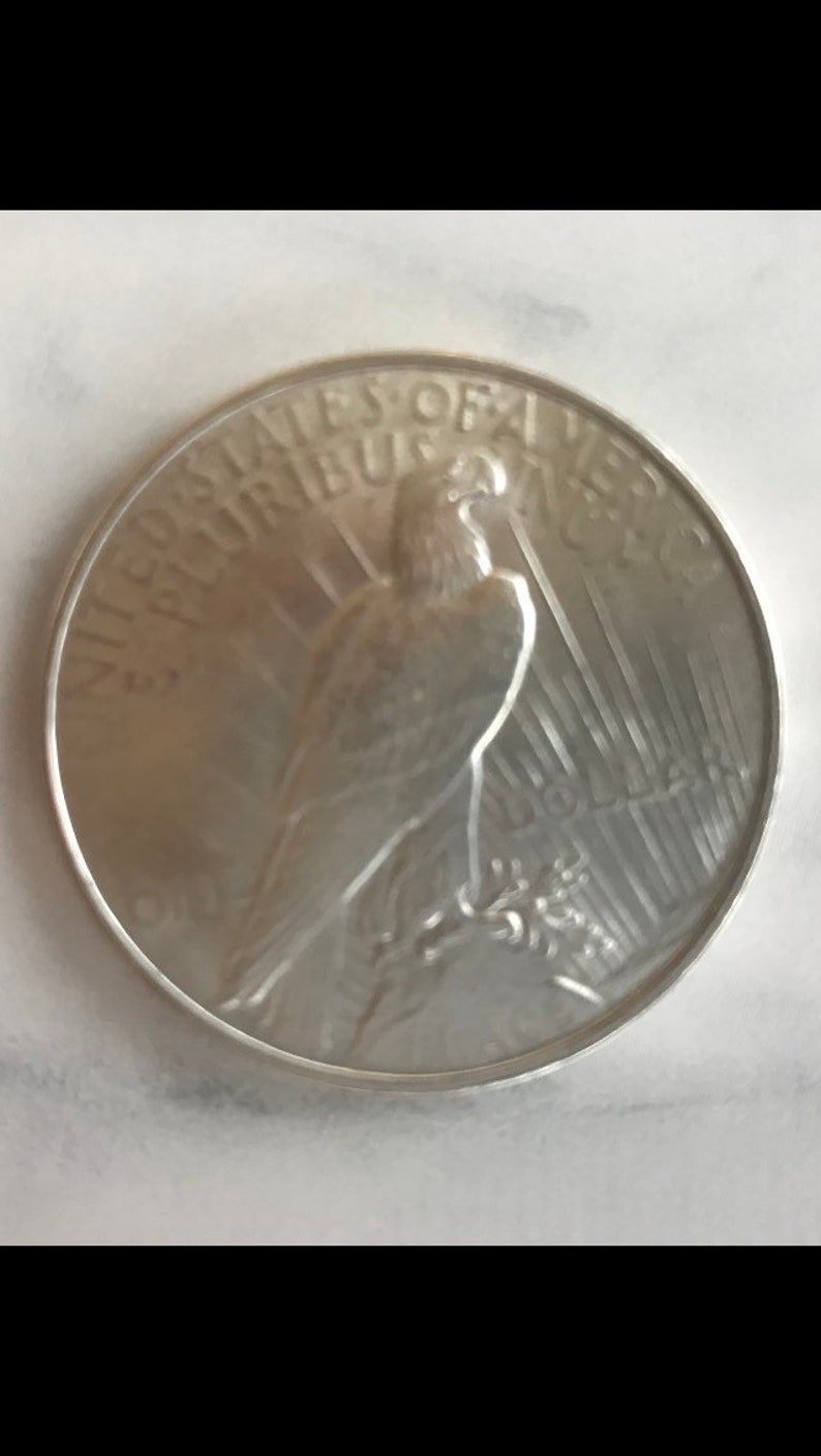 May include: A silver coin featuring an eagle perched on a branch, with the words "UNITED STATES OF AMERICA" and "E PLURIBUS UNUM" around the edge. The coin's design is detailed and the coin is in good condition.