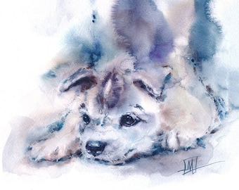 Blue playing puppy, watercolor fine art print from the original.