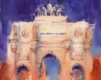 Siegestor in Munich at night, watercolor fine art print from the original.