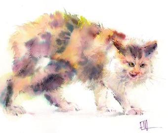 Angry tricolor cat, watercolor fine art print from the original.