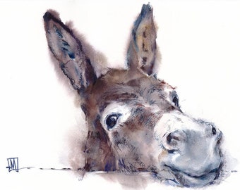 Positive donkey, Watercolor fine art print from original, Commission Art, Animal Portrait, Gift Idea