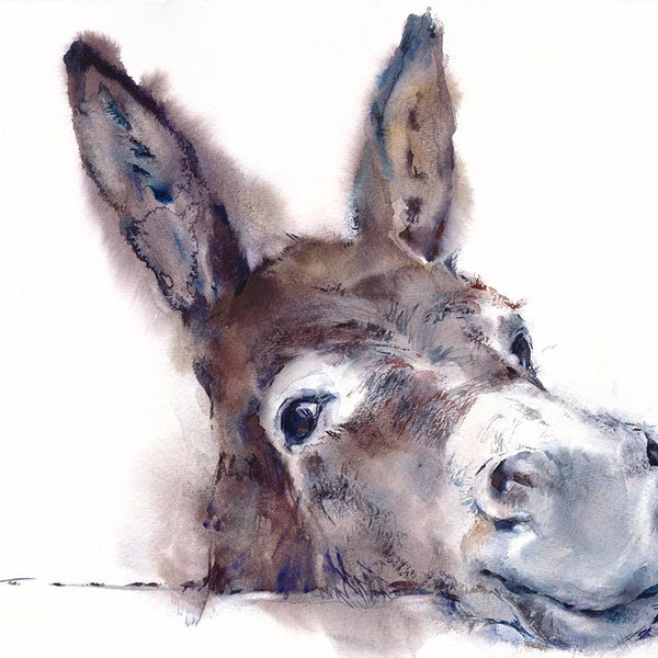 Âne positif, aquarelle gravure d’art d’origine, Commission Art, Portrait animal, Idée cadeau