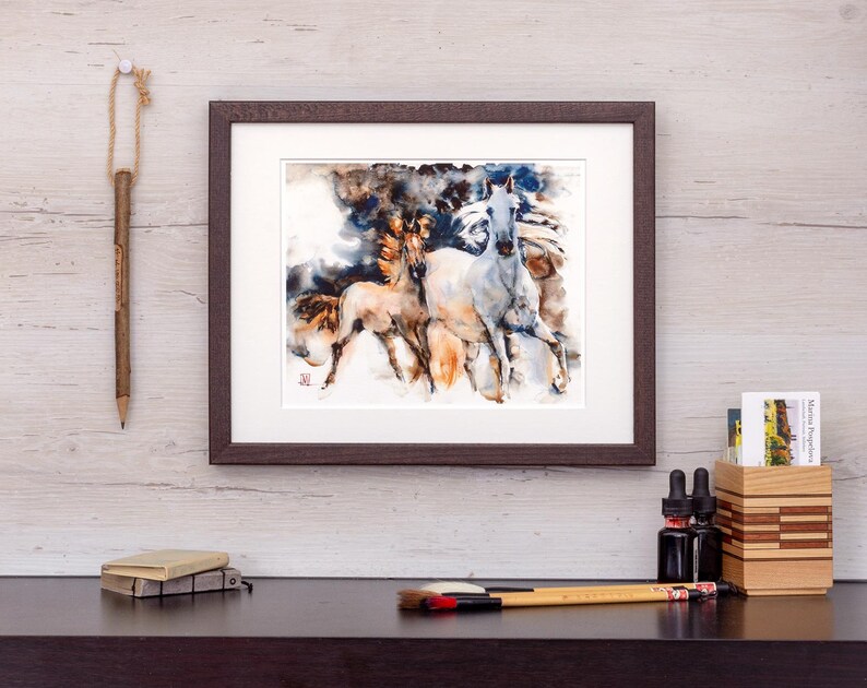 Running horse and foal, Watercolor fine art print from original, Commission Art, Animal Portrait, Gift Idea image 2