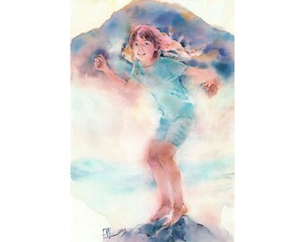 The girl on a stone, watercolor fine art print from the original.